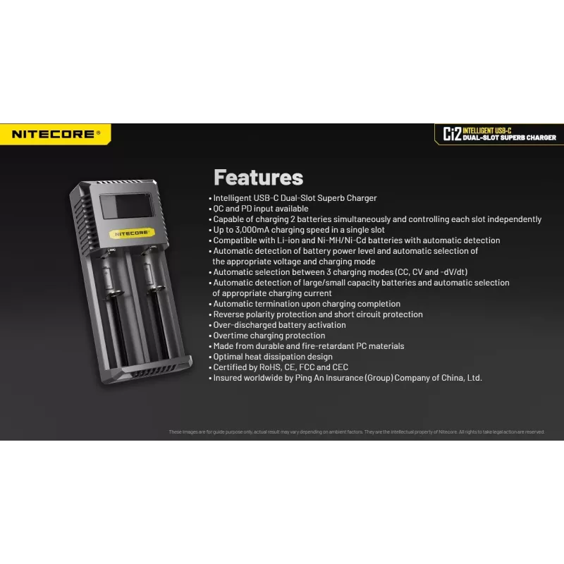 akulaadija Nitecore Ci12 Universaalne USB-laadija Li‑Ion, NiCd, NiMH akudele, 3A sisend 5/9/12V, plastkorpus