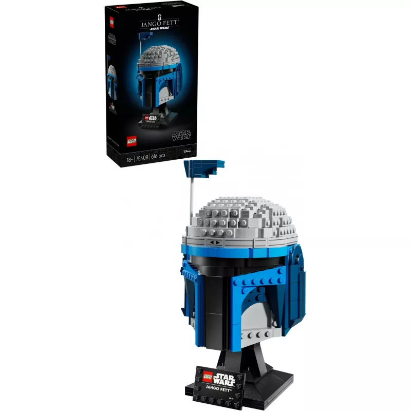 Kogutav LEGO Star Wars kiivri aksessuaar Jango Fett 75408 — 616 tükki, 210×120×110 mm väljapanekumudel