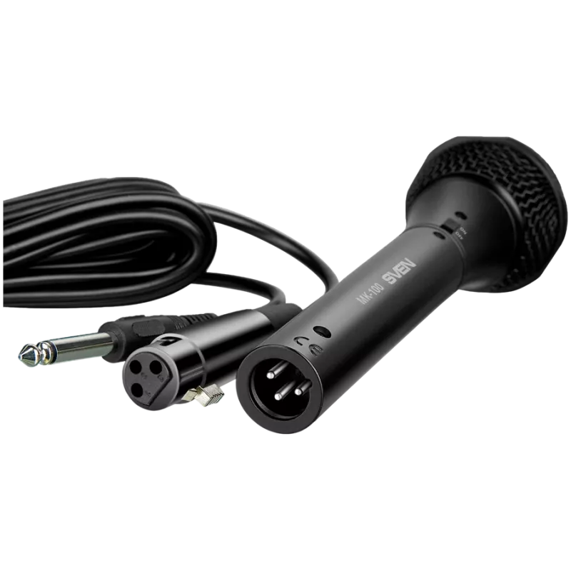 Mikrofon SVEN MK-100 (juhtmega, dünaamiline, metall, kaabel 4,0 m, 6,3/3,5 mm pesa, kardioid, must)