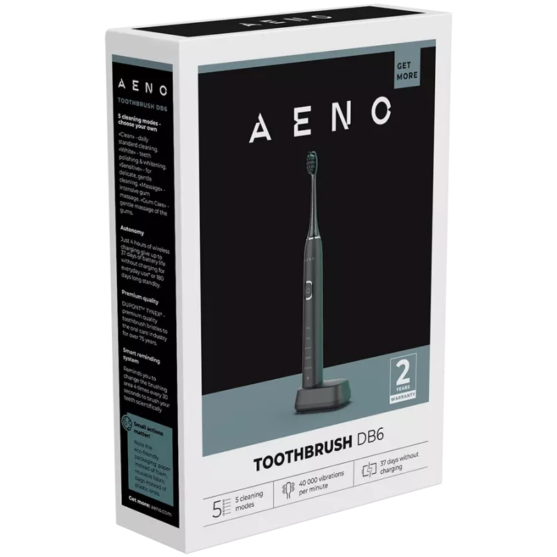 AENO Sonic Electric Hambaravi DB6: Must, 5 režiimi, juhtmevaba laadimine, 46000 p/min, 40 päeva ilma laadimiseta, IPX7