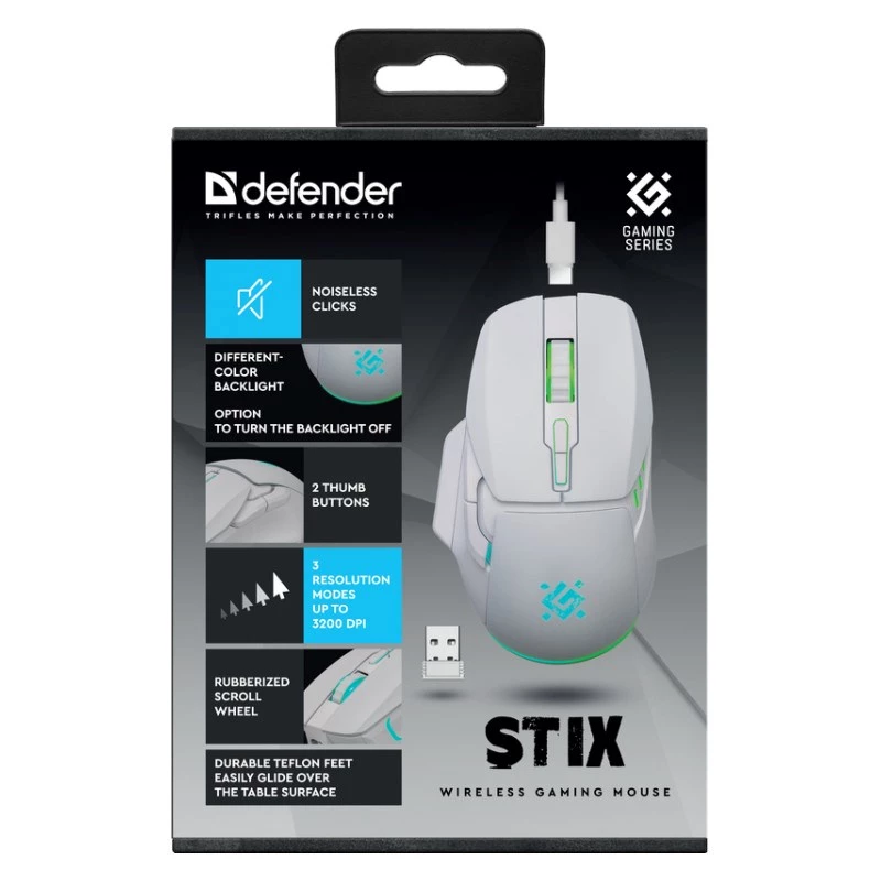 Juhtmevaba hiir DEFENDER Stix GM-009 RF — optiline 3200 DPI, 6 nuppu, mõlemakäeline, USB RF, akutoitel, valge