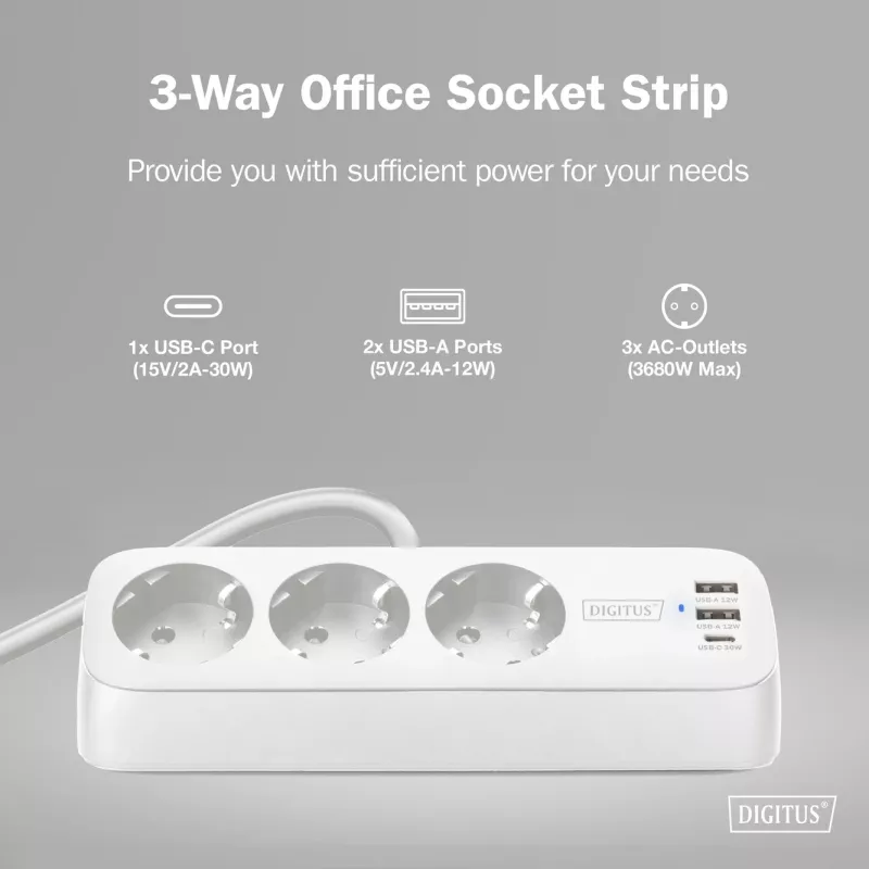 Pistikupesadega pikendusjuhe DIGITUS 3-ooline, 2×USB-A ja 1×USB-C, 3 vahelduvvoolu pistikupesa tüüp E/F, 1,5 m kaabel, valge