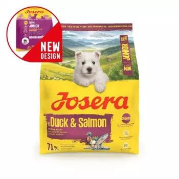 Kuiv koeratoit JOSERA Mini Junior Duck & Salmon 900 g — väikest tõugu kutsikatele, valk 29%, rasv 18%