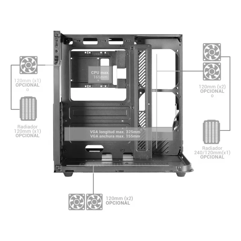 PC Midi Tower Case TACENS Mars Gaming MC-INFINIOLITE, must, karastatud klaas, toetab ATX/Micro-ATX/Mini-ITX, 120 mm ventilaatorid