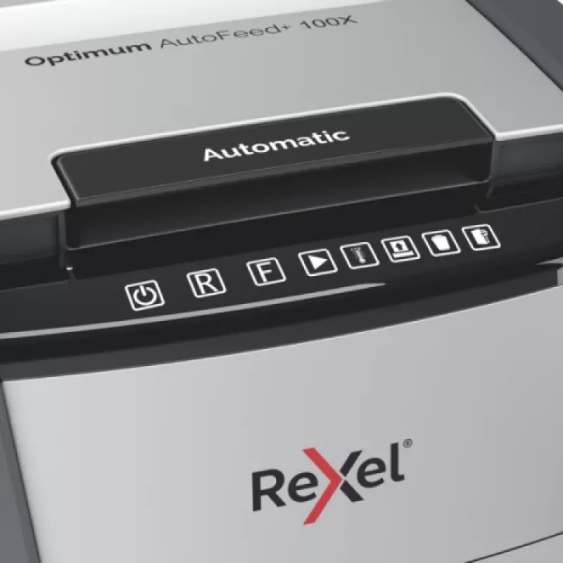 Paberipurustaja REXEL Optimum AutoFeed+ 100X — 100-leheline automaatne söötmine, 4 x 28 mm ristlõige, 34 L mahuti, alumiinium