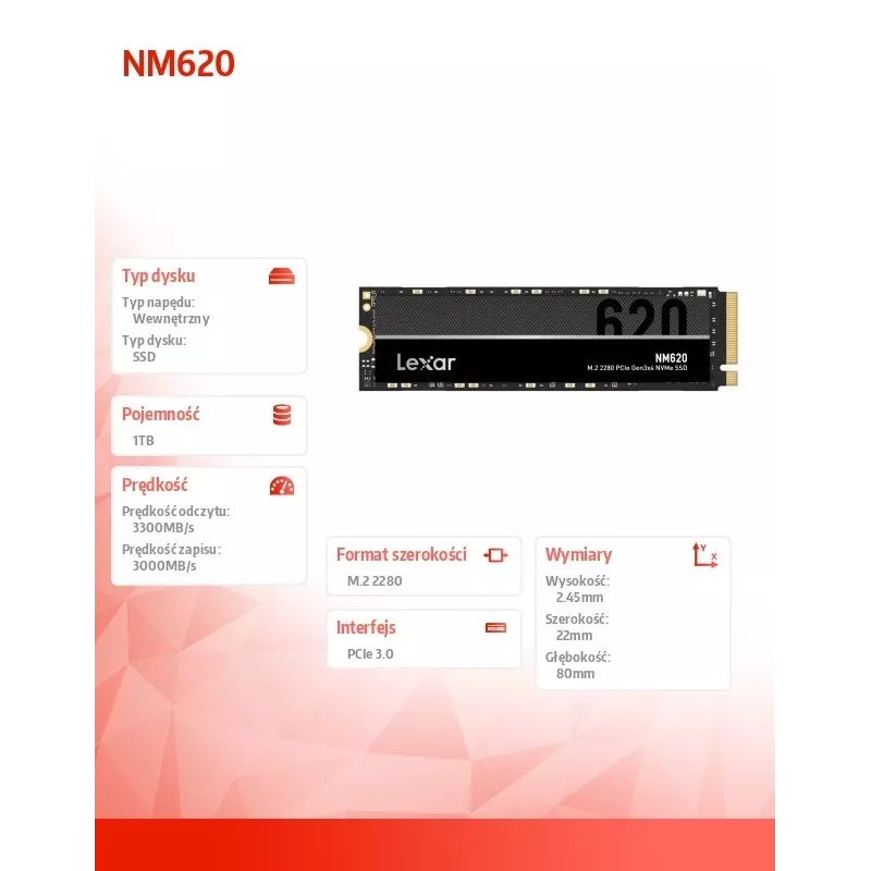 SSD-draiv Lexar NM620 1TB NVMe M.2 2280, 3300/3000MB/s