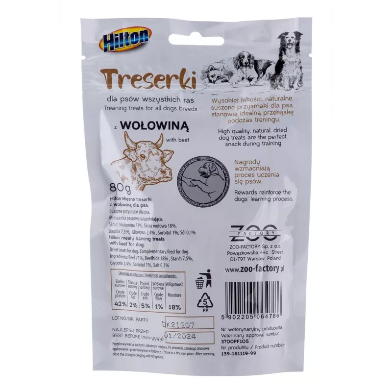 Koerte treeningmaiused Hilton Treaning treats Beef 80 g — pehmed suupärased veiselihasuupisted, valk 42%, niiskus 18%