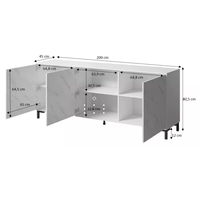 MARMO 3D kummut 200x45x80,5 cm valge matt/marble valge