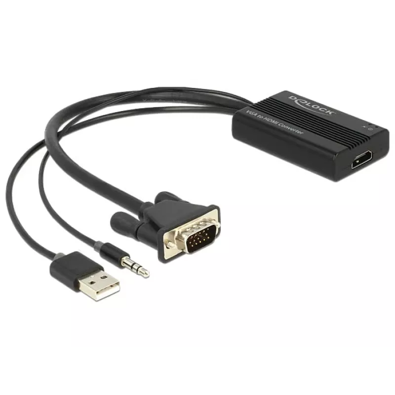 Video kaabli adapter DeLOCK 62597 0,25 m HDMI tüüp A VGA D-Sub 3,5 mm USB tüüp A must