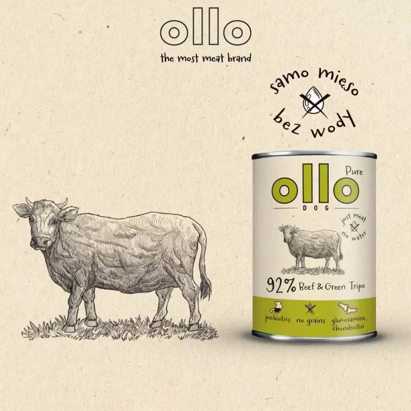 Märg koeratoit OLLO Pure Beef and roheline Tripe 400 g purk — täiskasvanud, valk 14,5%, rasv 11,9%, niiskus 69%