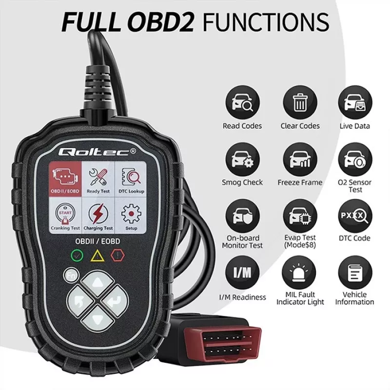 OBDII diagnostikatester QOLTEC ProLine 50685 — sõiduki OBD-II skanner 8V/25V süsteemidele
