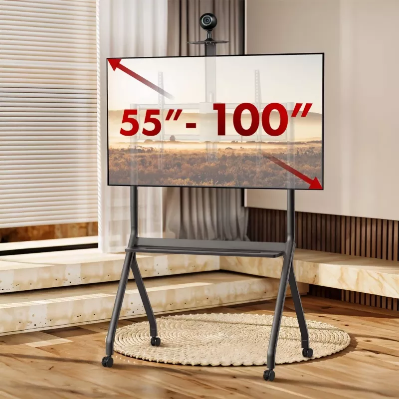 TV-alus MACLEAN MC-114 B kaasaskantav põrandaalus 55–100 tolli ekraanidele, max koormus 120 kg, VESA 200x200–900x600, kõrgus 115–152 cm, must, riiul
