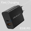 Qoltec 52380 Super Quick PD laadija | 1xUSB-C | 1xUSB | 65W | 5-20V | 1,5-3,25A | Must
