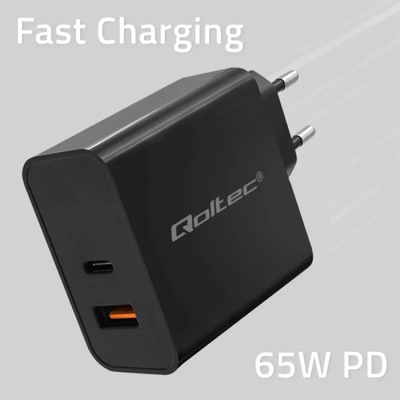 Qoltec 52380 Super Quick PD laadija | 1xUSB-C | 1xUSB | 65W | 5-20V | 1,5-3,25A | Must