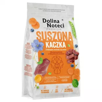 Kuiv koeratoit Dolina Noteci Premium Duck 9 kg — täiskasvanud koerad, 26% valku, 15% rasva, gluteenivaba, pardi maitsega