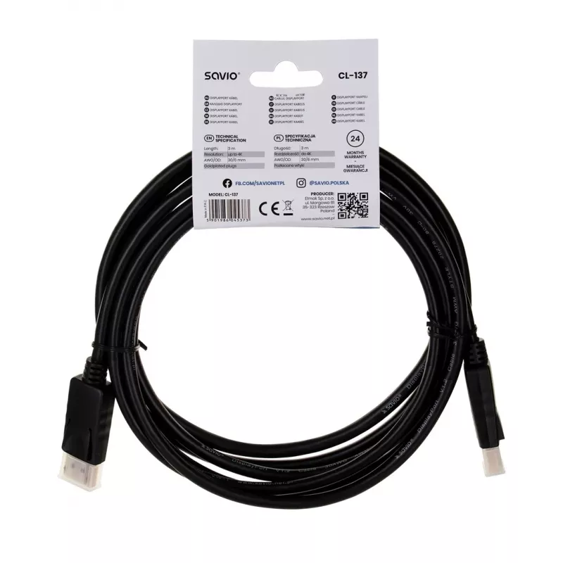 Savio CL-137 DisplayPort-kaabel 3 m Must