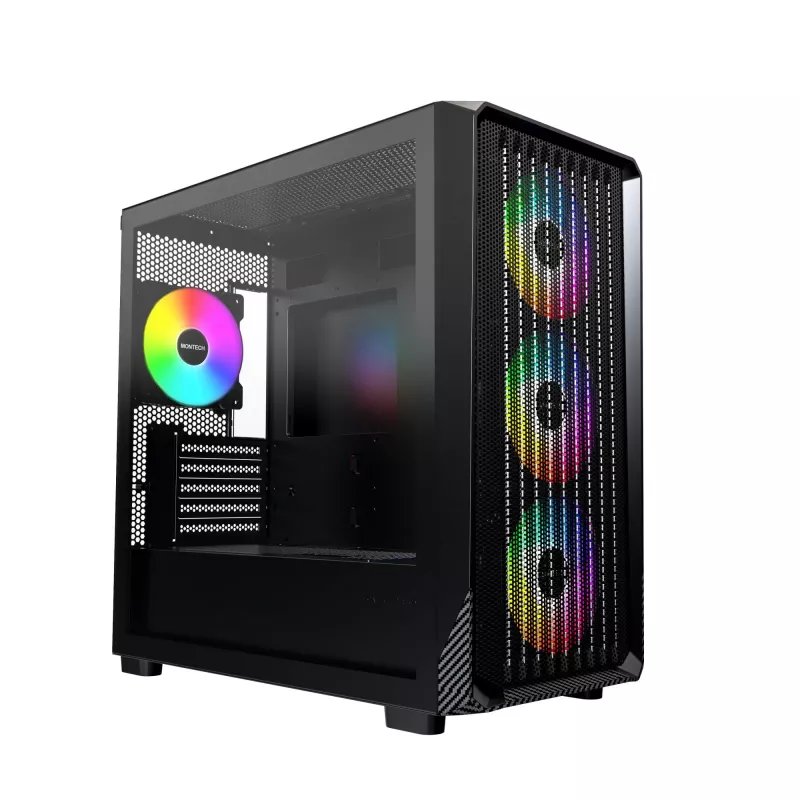 Montech X5M (B) Micro Tower PC-korpus — Micro‑ATX/Mini‑ITX, 3×120 mm ees, 1×120 mm taga, toetab ATX-toiteplokki, 2×3,5-tolline + 4×2,5-tolline, must