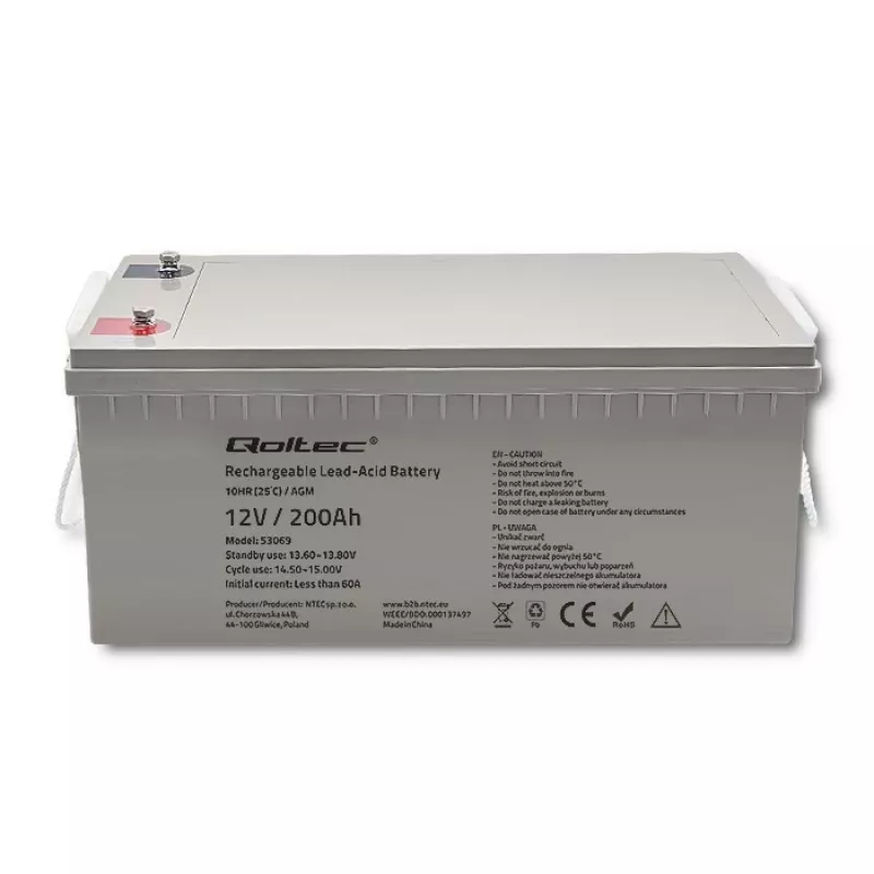 Laetav AGM-aku QOLTEC 53069 12V 200Ah varutoite- ja UPS-süsteemidele
