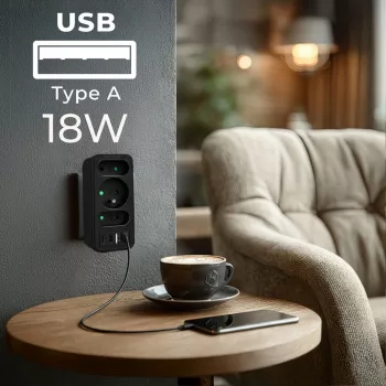 Toitejaotur MACLEAN MCE248 F/B — 3 vahelduvvoolu pesa (1x16A, 2x6A) ja 4 USB-porti (2xUSB‑A, 2xUSB‑C PD 20W), EL-pistik, must