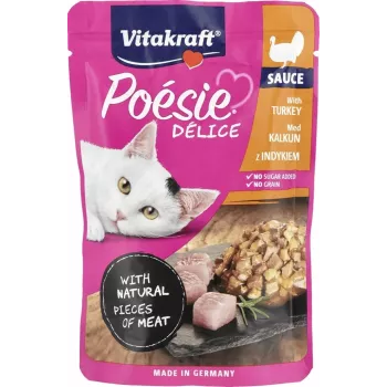 Märg kassitoit Vitakraft Poésie Delice kalkun 85 g — täiskasvanud kassile niiskusrikas kotike, valk 8%, rasv 4,5%