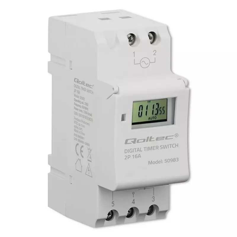 DIN-liistu elektrooniline taimerlüliti QOLTEC 50983, akutoitega, automaatikaskeemidele