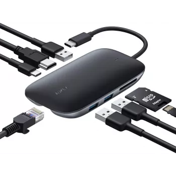 Sülearvuti dokkimisjaam AUKEY CB-C71 — 3× USB-C (USB 3.2 Gen1), HDMI, RJ‑45, MicroSD, USB PD 100W, 0,15 m kaabel, must