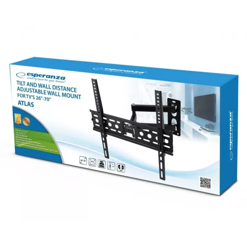 Seinale kinnitatav telerihoidik ESPERANZA ERW016 kuni 70-tollistele teleritele, must, 45 kg kandevõime, VESA 75x75–400x400, kaldenurk 15°
