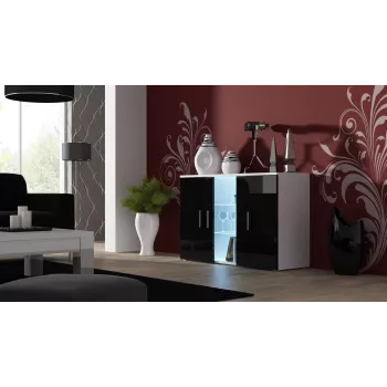 Külgkapp Cama Meble SOHO S7 120 cm — 3 ust, 4 riiulit, valge pealispind, must läikiv