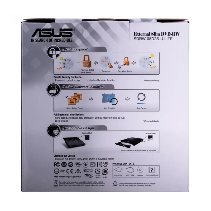 Väline DVD±RW optiline kettaseade ASUS SDRW-08D2S-U Lite, USB 2.0, must, 24x CD / 8x DVD, 142×142×20 mm