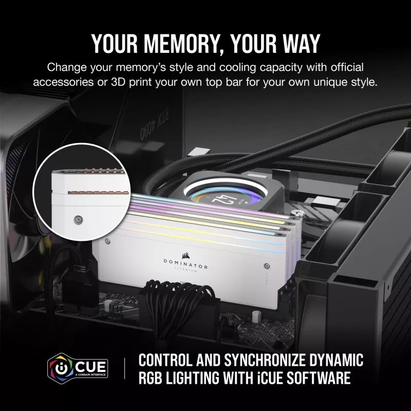 CORSAIR DOMINATOR TITANIUM RGB 96GB 2x48GB DDR5 6400MT/s DIMM Unbuffered 32-40-40-84 Std PMIC XMP 3.0 Valge Heatspreader 1.4V