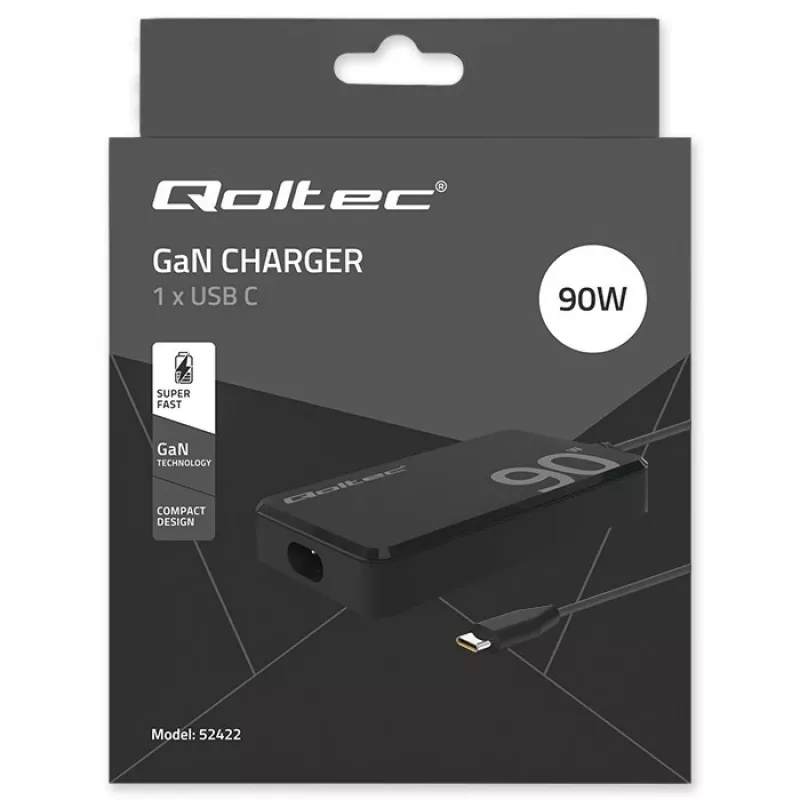 Qoltec 90W GaN Super Fast SLIM seinadapter | XP | 5-20V | 4,5A | USB-C 3.1 | sülearvuti | MacBook | nutitelefon | + kaabel