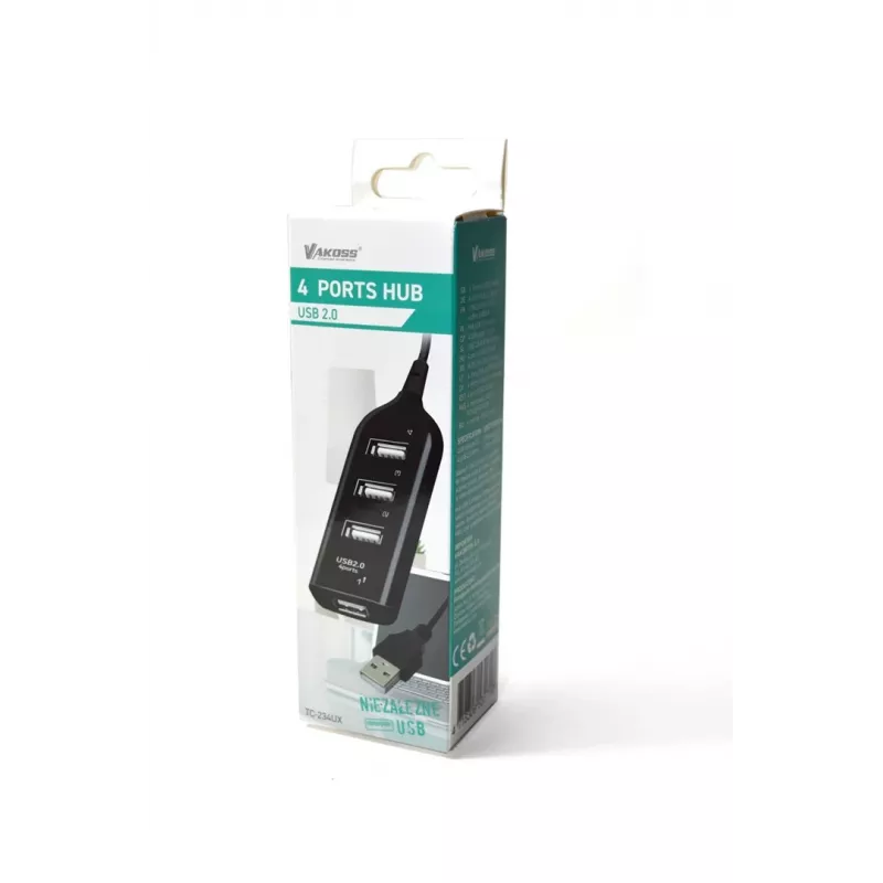 VAKOSS USB-jaotur TC-234UX — 4-pordiline USB 2.0 jaotur, alalisvoolutoide (5 V, 1 A), must