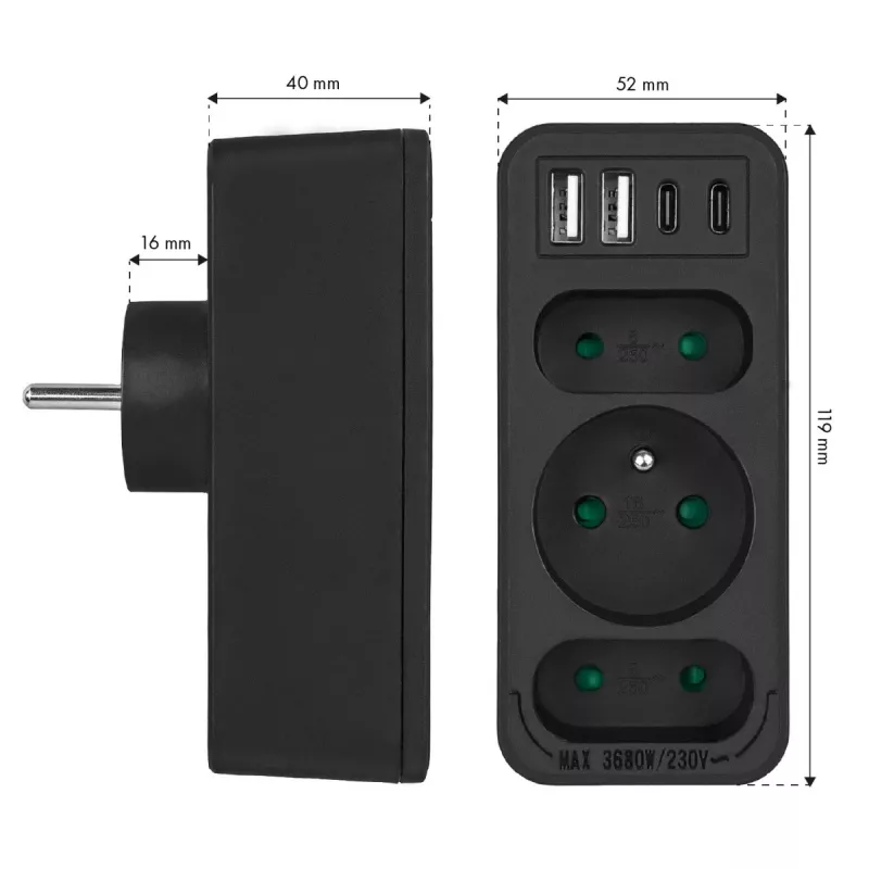 Toitejaotur MACLEAN MCE248 F/B — 3 vahelduvvoolu pesa (1x16A, 2x6A) ja 4 USB-porti (2xUSB‑A, 2xUSB‑C PD 20W), EL-pistik, must