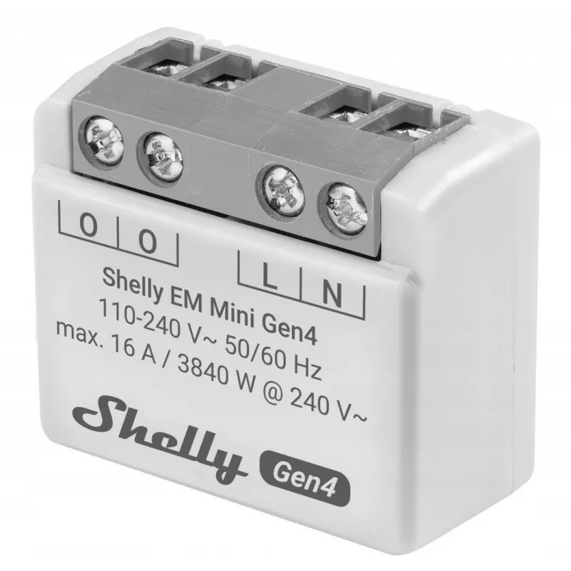 Nutirelee Shelly Relay EM Mini Gen4 1-kanaliline Wi‑Fi Matter Zigbee Bluetooth 8A, 110–240 V, energiamõõtur