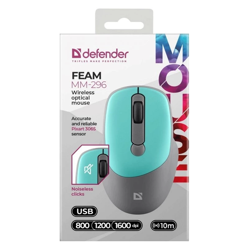 Juhtmevaba hiir DEFENDER Silent Click C Mint 52294 — mõlemakäeline, 1600 DPI, 2,4 GHz nano USB