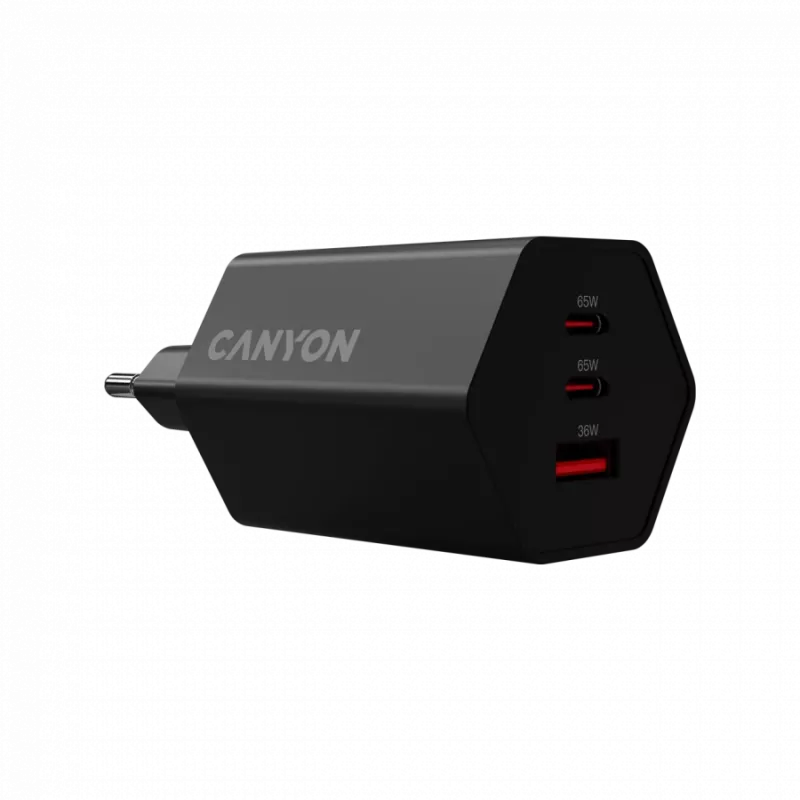 CANYON Laadija HEXAGON 65 GaN 65W 2xPD 1xQC EU Must (CND-CHAHEX65B)