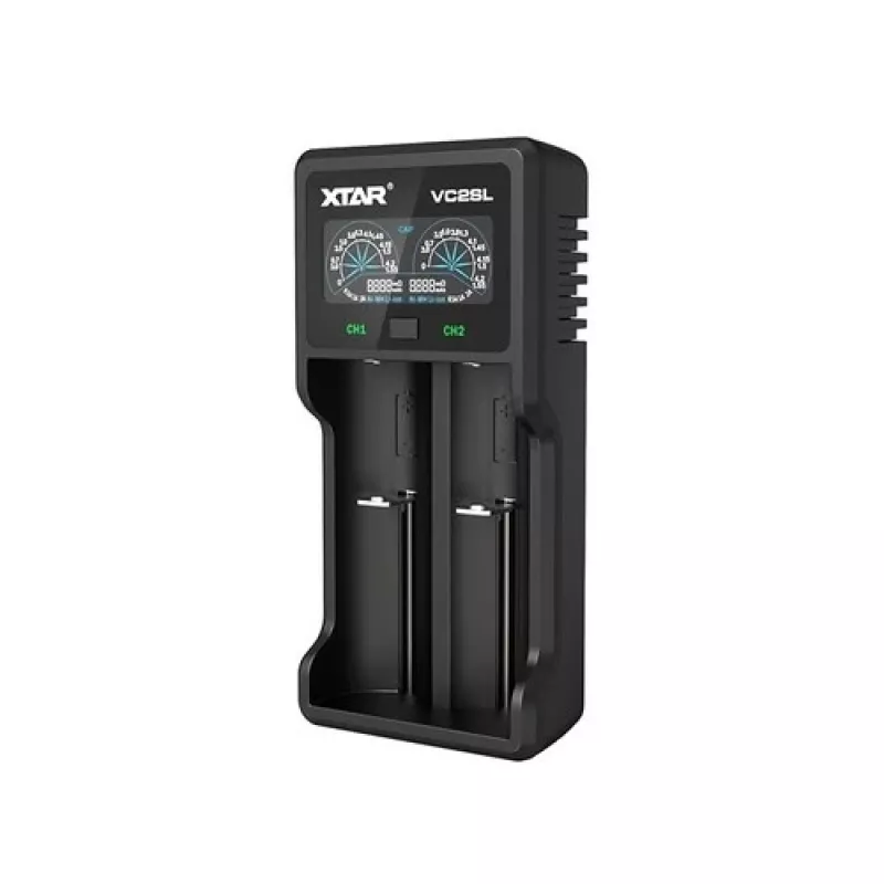 Akulaadija XTAR VC2SL — USB 5V 1A, LCD, laeb 2 elementi, ühildub Li‑Ion/NiMH/NiCd, suurused A/AA/AAA/AAAA/C/D/SC, must
