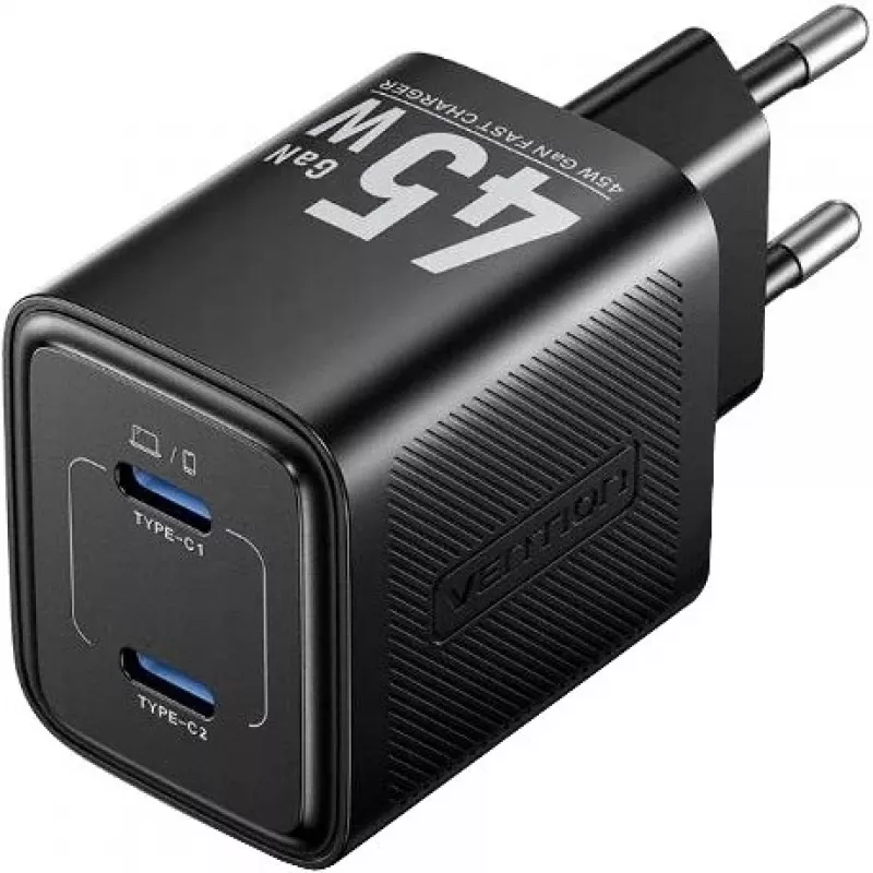 Vention FEFB0-EU 45W Indoor AC Fast Charger 2× USB-C — nutitelefonile, sülearvutile, tahvelarvutile, nutikellale, kõrvaklappidele (must)