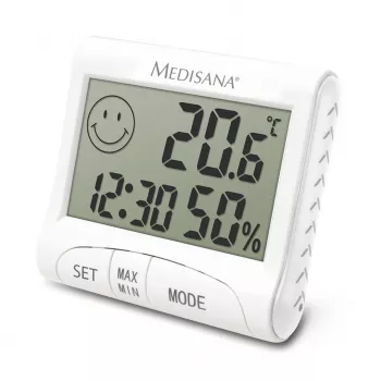 Elektrooniline sisehügromeeter Medisana HG 100 — digitaalne termomeeter, niiskus 20–90%, temp -10–50 °C, lauaekraan, aku AAA
