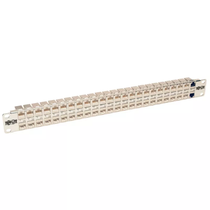 Tripp N254-048-SH-6A 48 porti 1 HE racki paigaldus varjestatud Cat6a STP läbivoolu paigalduspaneel - RJ45 Ethernet - TAA - 10 Gigabit Ethernet - RJ-45 - Cat6a - Hõbe - Valge - Rackeinb