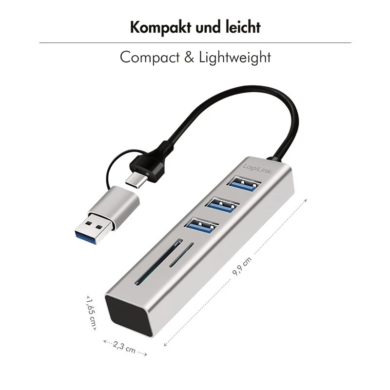 USB 3.0 jaotur USB-A, SD/microSD pesa, 2in1