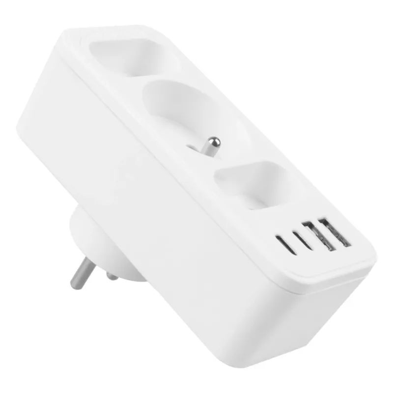 Toitepistikupesade jagaja MACLEAN MCE248 F/W — 3 vahelduvvoolu pistikupesa (1×16A, 2×6A) + 4×USB (2×A, 2×C PD 20W), EL-pistik, valge