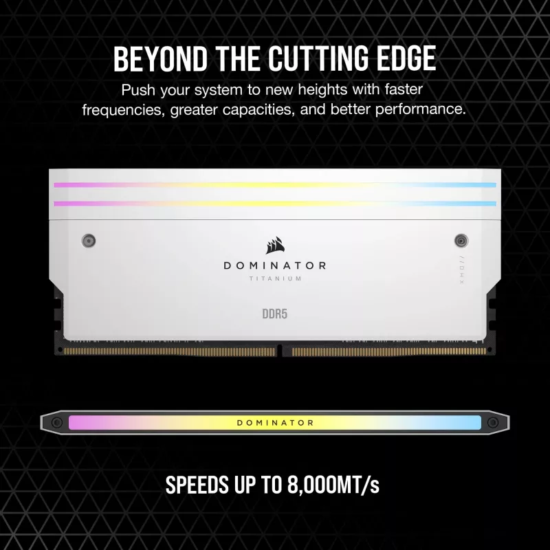 CORSAIR DOMINATOR TITANIUM RGB 96GB 2x48GB DDR5 6400MT/s DIMM Unbuffered 32-40-40-84 Std PMIC XMP 3.0 Valge Heatspreader 1.4V