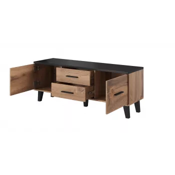Teleriiul Cama Meble LOTTA 140 cm — wotan tamme raam, must puitlaastplaadi pealispind, 1400×400×530 mm