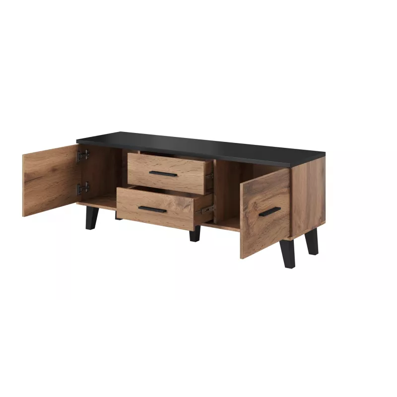 Teleriiul Cama Meble LOTTA 140 cm — wotan tamme raam, must puitlaastplaadi pealispind, 1400×400×530 mm
