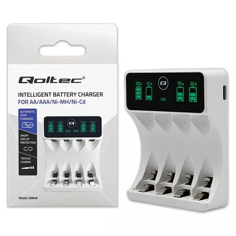 Akulaadija QOLTEC 50848 NiMH AAA (R03) ja AA (R6) elementidele LCD-ekraaniga