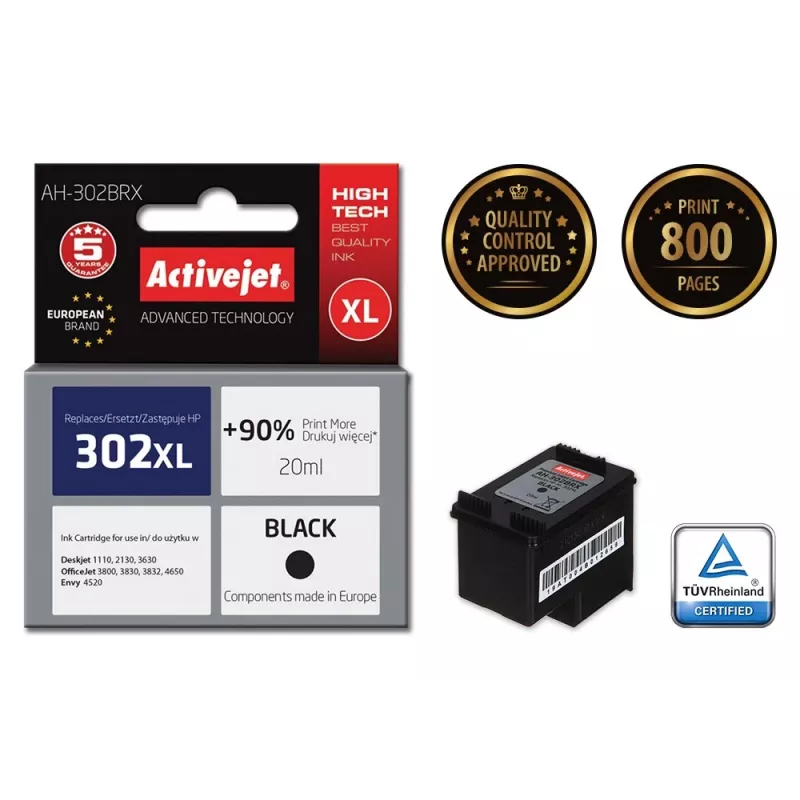 Activejet AH-302BRX tint (asendus HP 302XL F6U68AE; Premium; 20 ml; must)