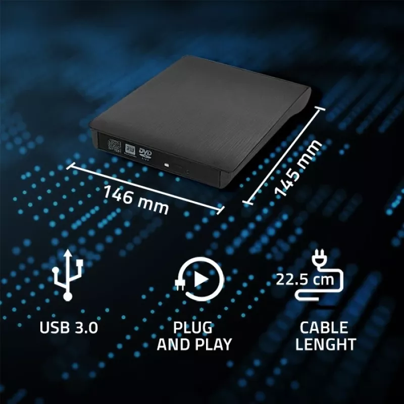Väline DVD‑RW seade QOLTEC 51857 — USB 3.0, SATA liides, DVD±R 8x, DVD±RW 4x, DVD‑RAM 5x, CD 24x, must