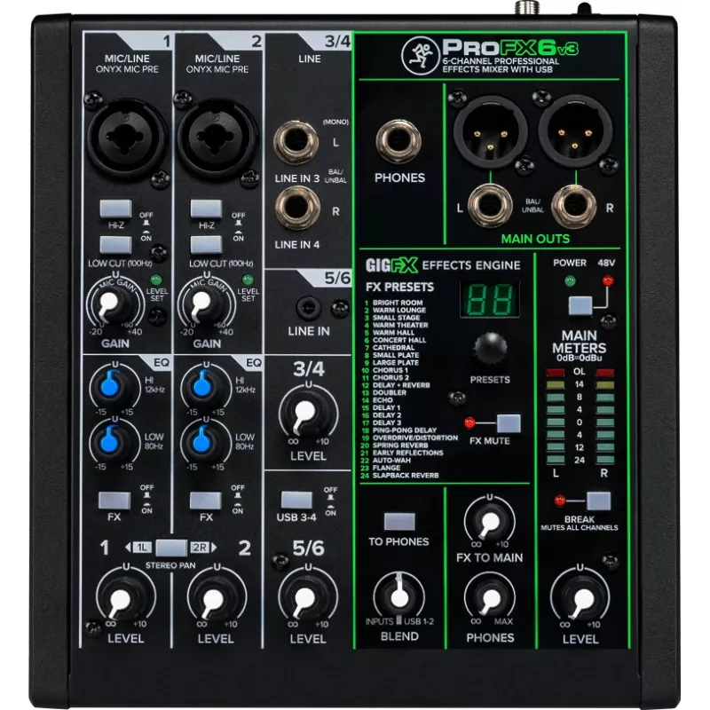 Mikser Mackie ProFX6v3 kompaktne 6-kanaliline analoogmikser USB-liidesega