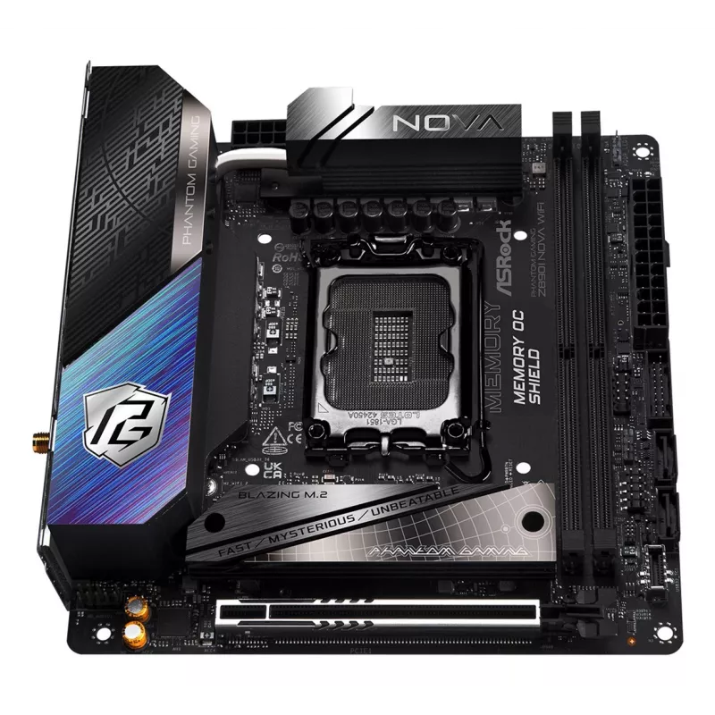 Emaplaat ASRock Phantom Gaming Z890I Nova WiFi — Intel Z890, LGA 1851, mini ITX, DDR5, 2x M.2, Wi‑Fi 6E/7, 5Gb LAN, Thunderbolt